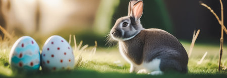 Easter bunny and easter eggs on green grass, panoramic bannerの素材