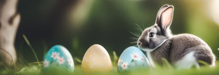 Rabbit and easter eggs in grass, panoramic bannerの素材