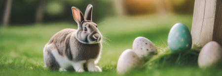 Rabbit and easter eggs on green grass in garden, panoramic bannerの素材