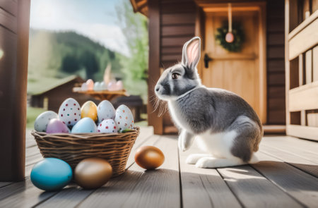 Easter bunny with basket of colorful eggs on wooden terrace.の素材