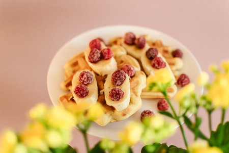 Waffles with raspberries on a white plate and yellow flowersの写真素材