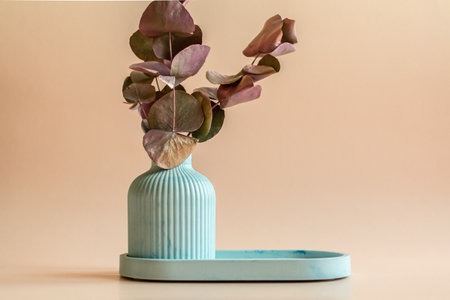 Vase with eucalyptus leaves on beige backgroundの写真素材