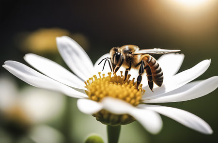 Bee on white daisy flower. Shallow depth of field.の素材