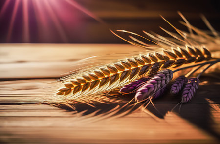 Ears of wheat on a wooden table with sun rays and lens flareの素材