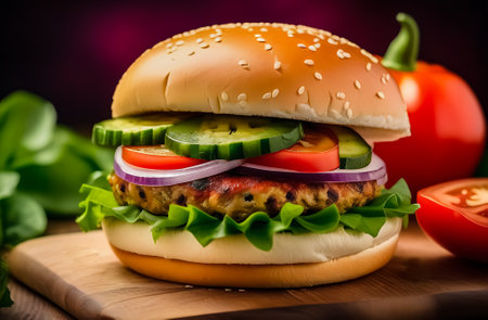 Hamburger with beef patty, tomato, cucumber and lettuceの素材