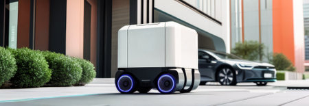 autonomous delivery of goods and products using robots. technologies of the future. free space for textの素材