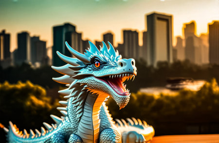 Dragon statue on the background of the cityscape in the evening.の素材