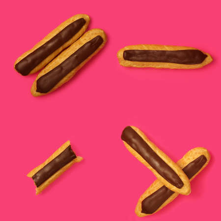group of eclairs with custard and chocolate icing on a pink background. Traditional French dessert. Homemade baking.の写真素材