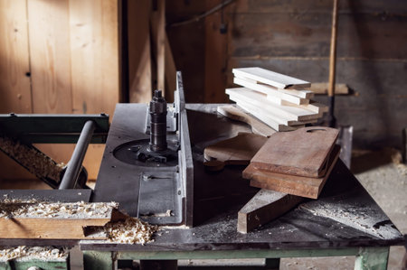 carpenter's workbench with many different wood blanks and planks of wood. rustic old carpenter's workshop.の写真素材