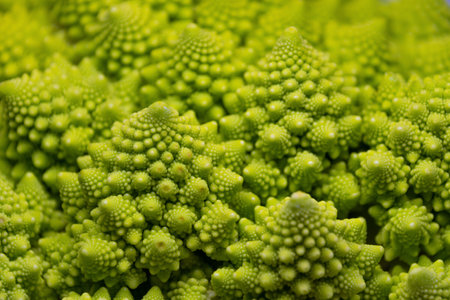 Romanesco broccoli. broccolo romanesco, romanesque cauliflower, simply romanesco. Proper nutrition. Vegetables and fruits. Green natural background.の写真素材