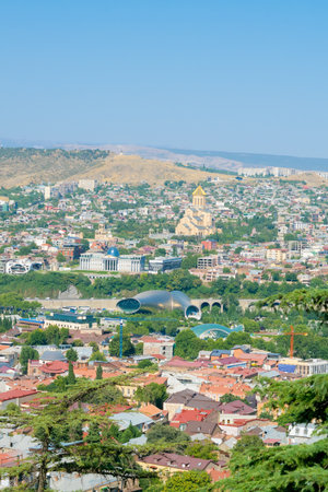 Viewing the town. Tbilisi, Georgia. Summer city landscape, background. Sunny, clear day. Journey.の写真素材