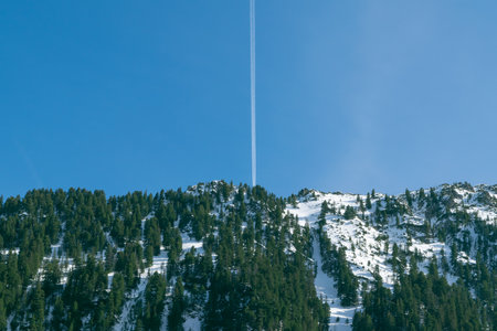 Snow-capped mountain peaks and spruce forest. Beautiful winter landscape in the mountains. Stone cliffs.の写真素材