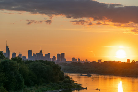 View of Warsaw and the Vistula at sunset. Panorama of the city. August 3, 2024. Warsaw, Poland.の写真素材
