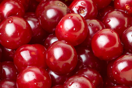 Red cherry berries, close-up. Berry background. Freshness. Water drops on berries.の写真素材