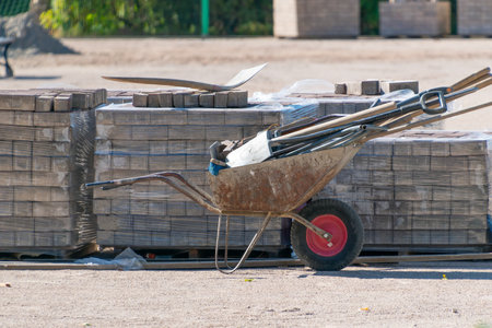 Packing concrete blocks for paving. Construction work. Construction site.の写真素材