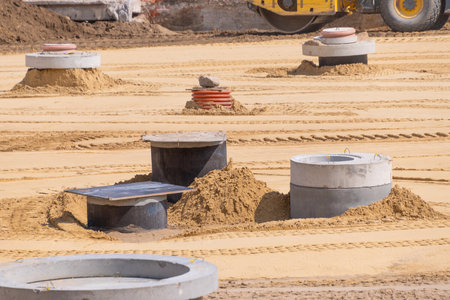 Installation of sewerage system. Construction site.の写真素材