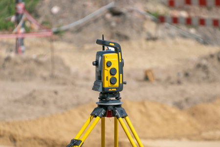 A surveying instrument for measuring distances on a construction site. total station theodolite.の写真素材