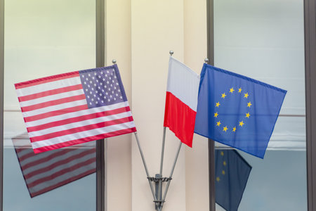 Flags of Poland, America and the European Union. Politics.の写真素材