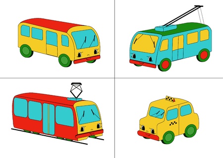 Four representatives of public conveyances - bus, trolleybus, tram and taxi - drawn in child style with faces.のイラスト素材