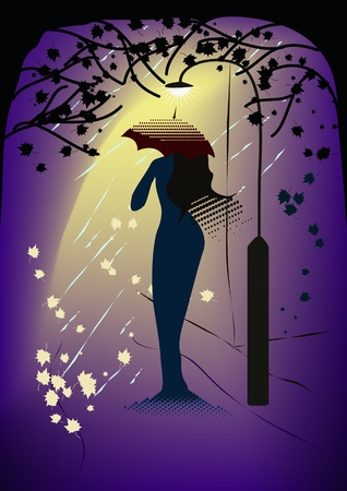 Mirage-like woman with umbrella standing in the light of street lamp.のイラスト素材