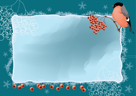 Winter frame with bullfinch, ashberry and snowflakes.のイラスト素材