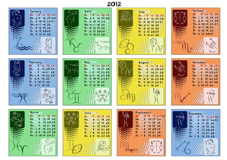 Vector calendar for year 2012 divided by seasons and with zodiac signs on every month's view.のイラスト素材