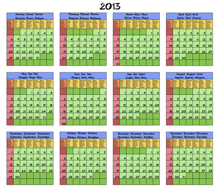 Calendar for year 2013 with months and weekdays named in six languages  English, Spanish, Italian, French, German and Russian  Vector illustration のイラスト素材