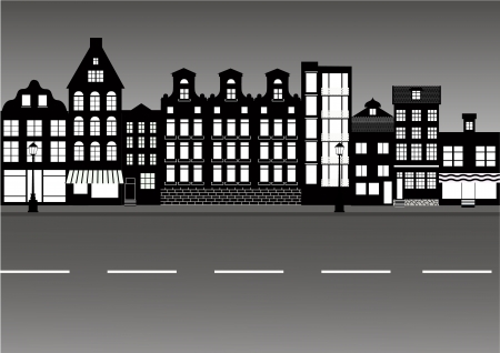 Quiet european city street in black and white vector illustrationのイラスト素材