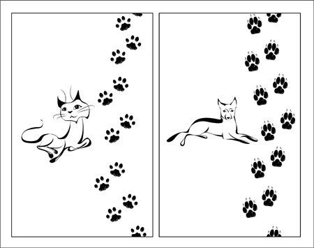 Cat and dog black and white illustration with their footstepsのイラスト素材