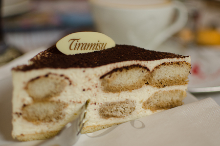Tiramisu cake with white chocolate con which written TIRAMISU. Tipical italian biscuit.の写真素材