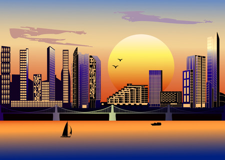 City with modern houses and brige at sunsetのイラスト素材