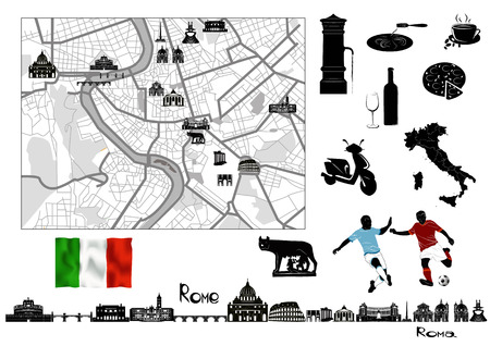 Rome. Black-and-white map and hallmarks, italian flag and symbols of Romeのイラスト素材