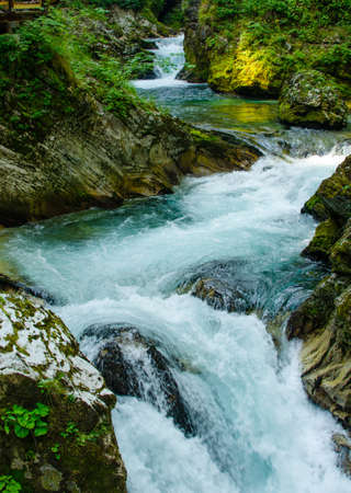 The rapid flow of the Radovna River. Vintgar gorge, Slovenia.の写真素材