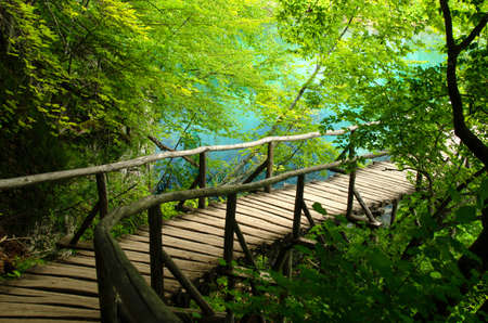 Wooden Bridge in forest in Plitvice National Park in Croatiaの写真素材