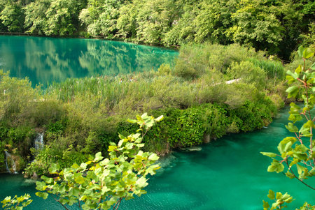 Blue plitvice Lakes environed by with green forestsの写真素材