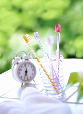 Toothbrush and alarm clockの写真素材