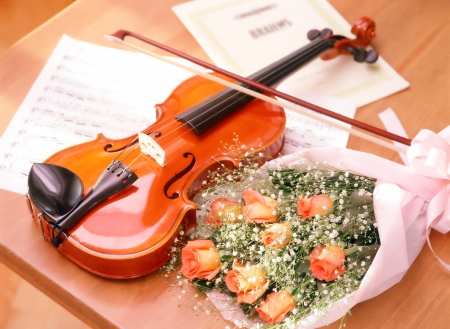 violin and  bouquetの写真素材