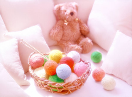 wool and teddy bearの写真素材