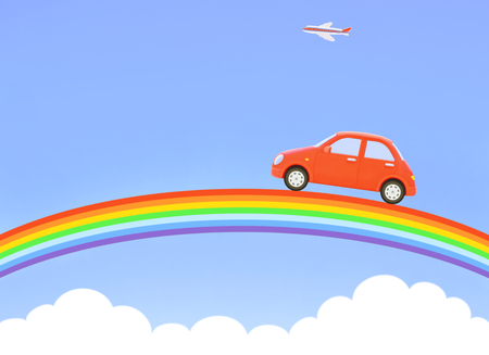 Red car and rainbowの写真素材