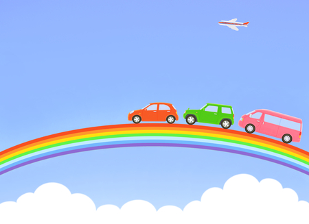 Rainbow and three carsの写真素材