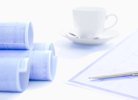 blueprint and coffee cupの写真素材