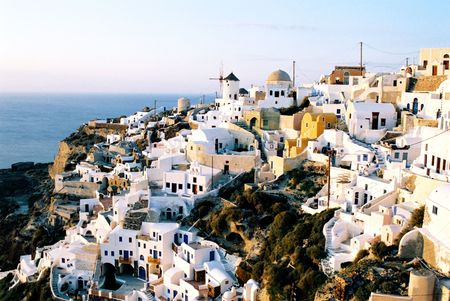 Small town Oia on Santorini Island, Greece, eveningの写真素材