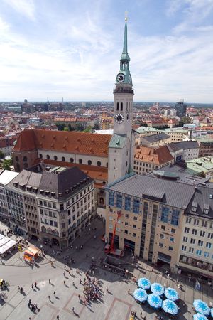 Marienplatz square in Munich (Munchen), Germany. View from New Town Hall (Neues  Rathhaus) on Sacred Peter's Churchの写真素材