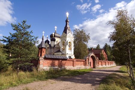 Orthodox church in a monastery of island Konevets, Ladoga lake, Russiaの写真素材
