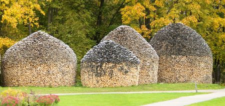 The fire wood combined as small houses in an orthodox monastery, Novgorod, Russiaの写真素材