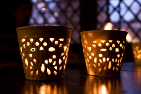 Two candlesticks before a winter window, Tallinn, Estonia, Christmas timeの写真素材