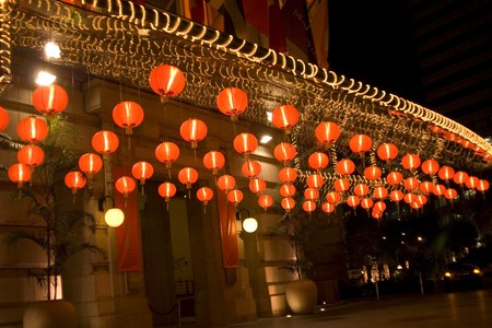 The Chinese lamps at an entrance in hotel, Singapore, nightの写真素材