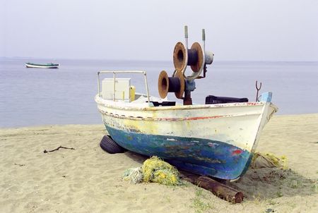 Old fishing boat on the beach, Halkidiki, Greeceの写真素材