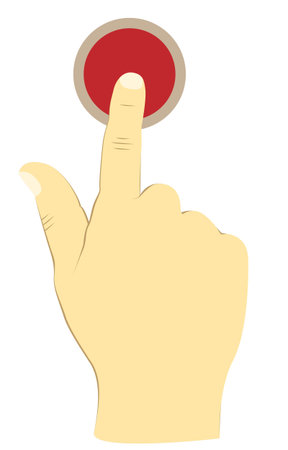 Hand pressing a red button with a finger in a vector illustration
