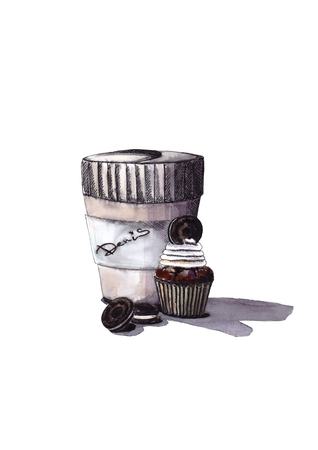 Paper Cup of coffee and cupcake with cream and round cookiesのイラスト素材